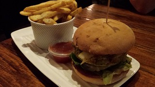 Veggie Burger (with pineapple and dill) and chips at Grill'd