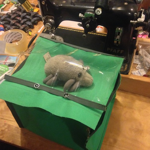 Dust Mite helps sew up a rando bag