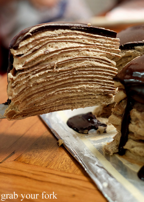 Chocolate crepe cake with chestnut mousse and a chocolate mirror glaze