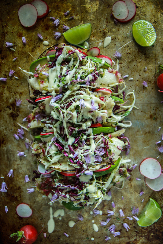Citrus Grilled Fish Tacos with Citrus Slaw and Creamy Orange Cashew Sauce from Heather Christo