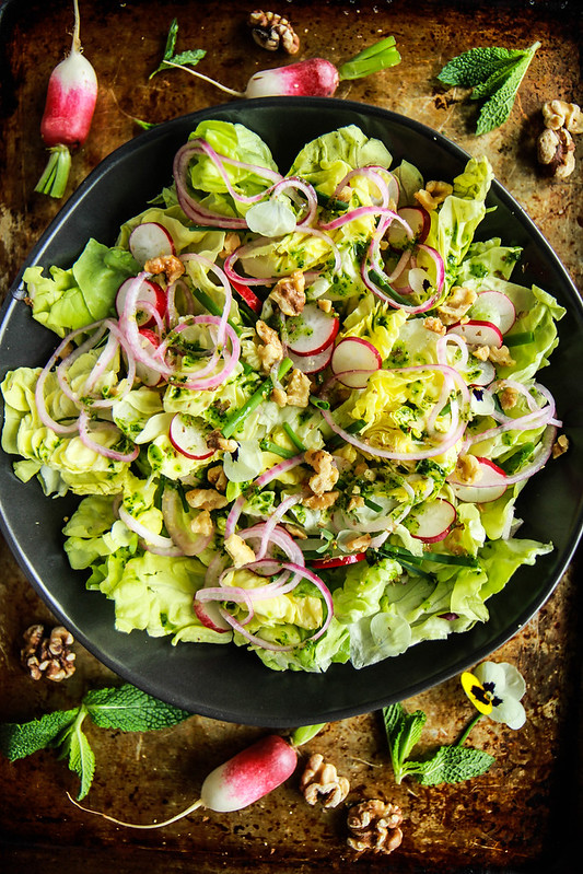 Butter Lettuce salad with pickled red onion, toasted walnuts and mint vinaigrette from heatherchristo.com