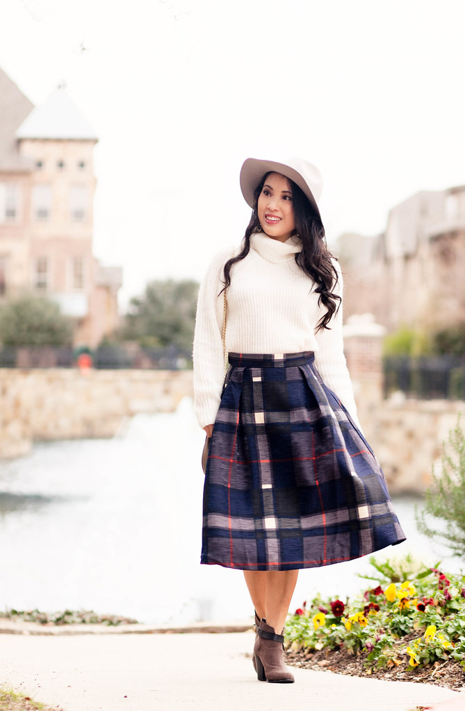 Plaid Midi Skirt + Grey Hat | cute & little | Dallas Petite Fashion Blogger