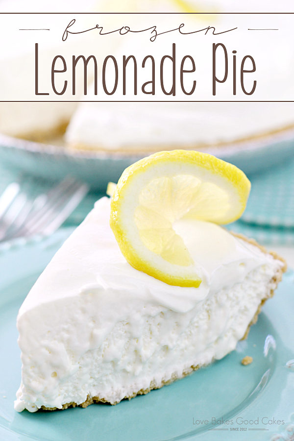 Frozen Lemonade Pie on a blue plate with a slice of lemon.