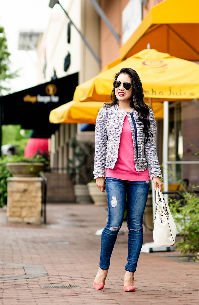 cute & little blog | petite fashion | tweed jacket, pink tippi sweater, distressed jeans, m.gemi coral pumps, statement chandelier earrings, ray ban aviators | spring outfit
