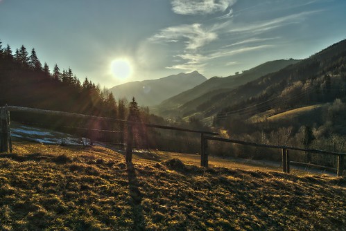 sun mountain field forest fence austria golden evening spring sony hdr styria trofaiach alpha58