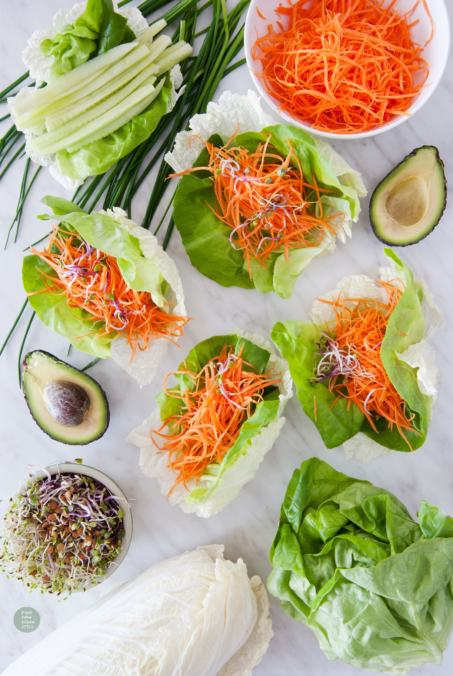 Vegan nappa cabbage spring rolls with carrot "noodles" and simple peanut sauce