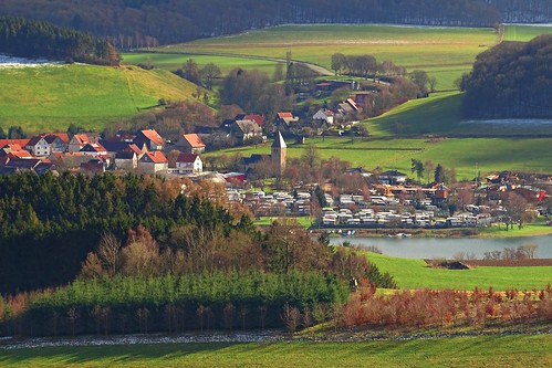trees winter lake green nature architecture buildings river germany landscape deutschland town hessen view meadows hills fields hesse