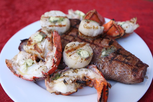 Surf and Turf with Sirloin Tip, Scallops, Lobster, and Garlic Herb Butter