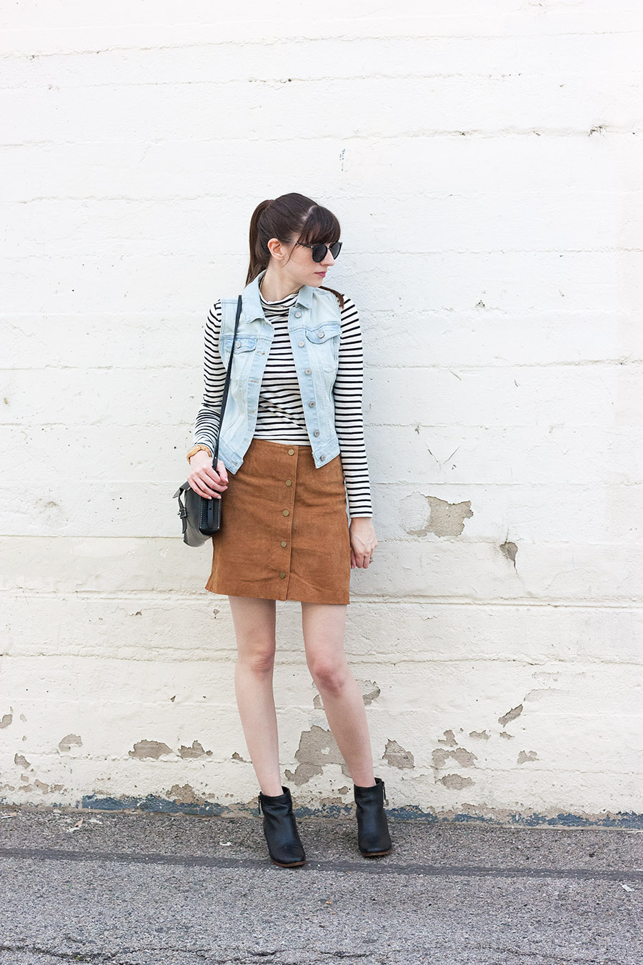Button Front Suede Skirt Outfit