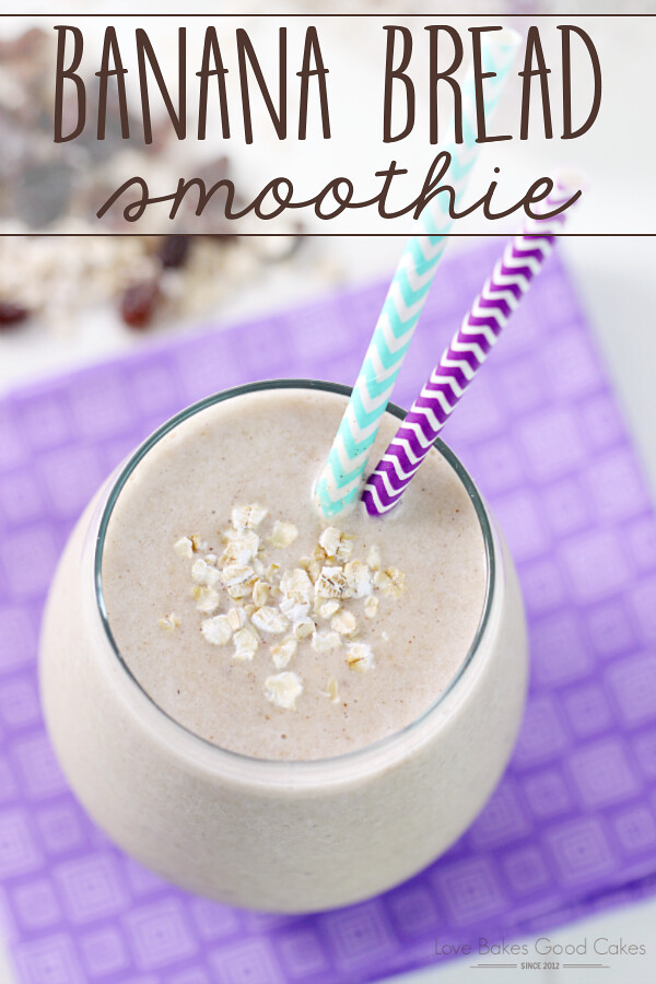 Banana Bread Smoothie in a glass with two straws.