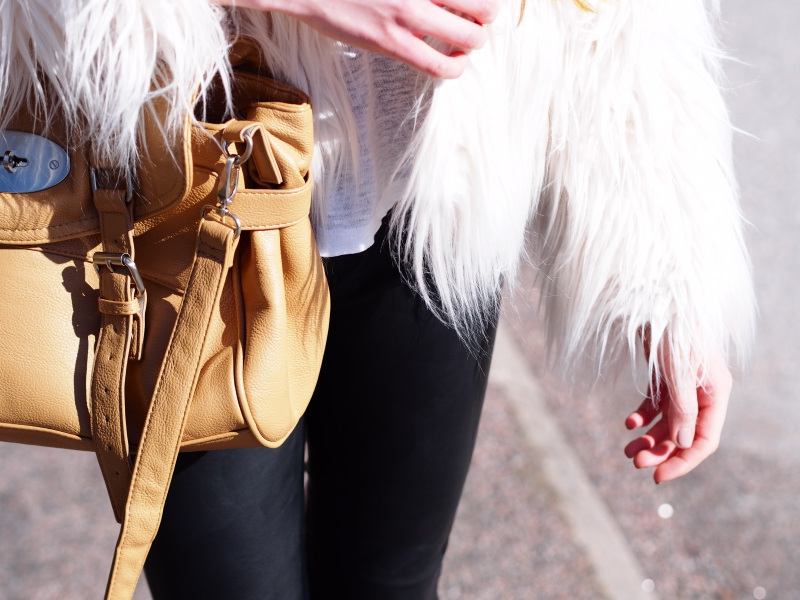 Spring outfit with faux fur jacket and Steve Madden Whatsup booties