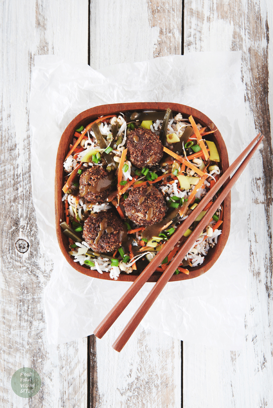Vegan asian protein meatballs with adzuki beans, purple rice, five spice and miso
