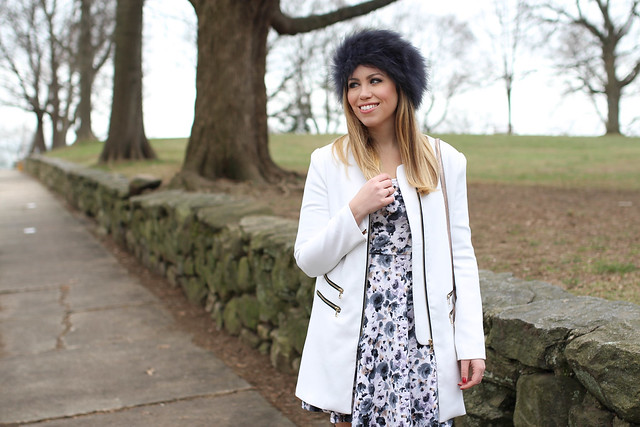 Fur Hat | Floral Dress | OTK Boots | White Coat | Winter Dressed Up Outfit