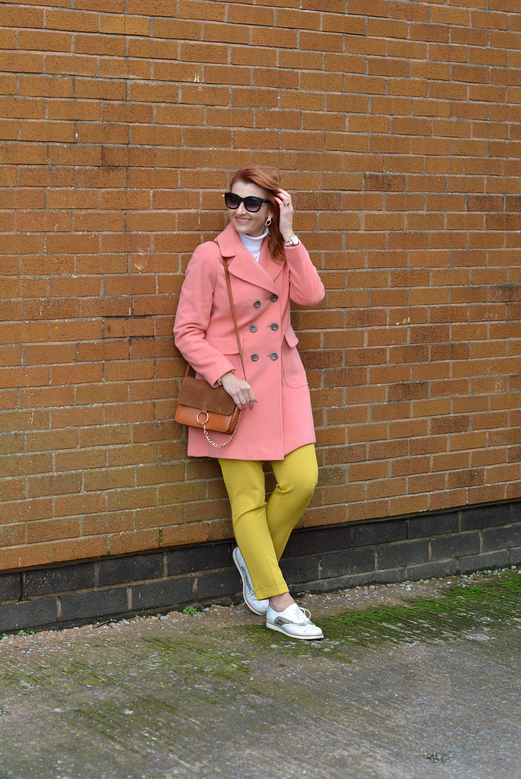 Winter style: Peach coat with mustard yellow and white | Not Dressed As Lamb