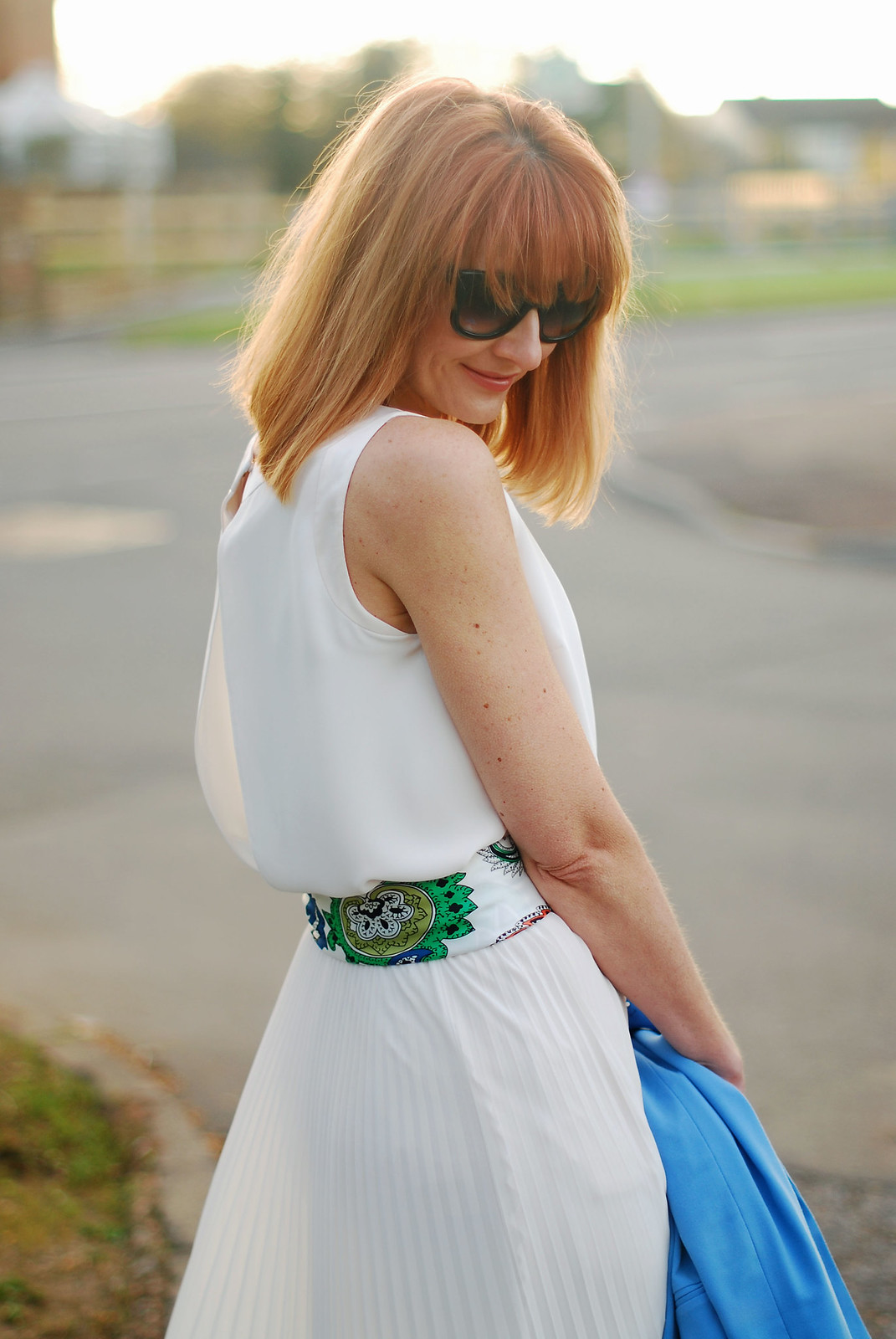 SS16 White pleated maxi skirt, white chiffon top, blue blazer, scarf as belt | Not Dressed As Lamb