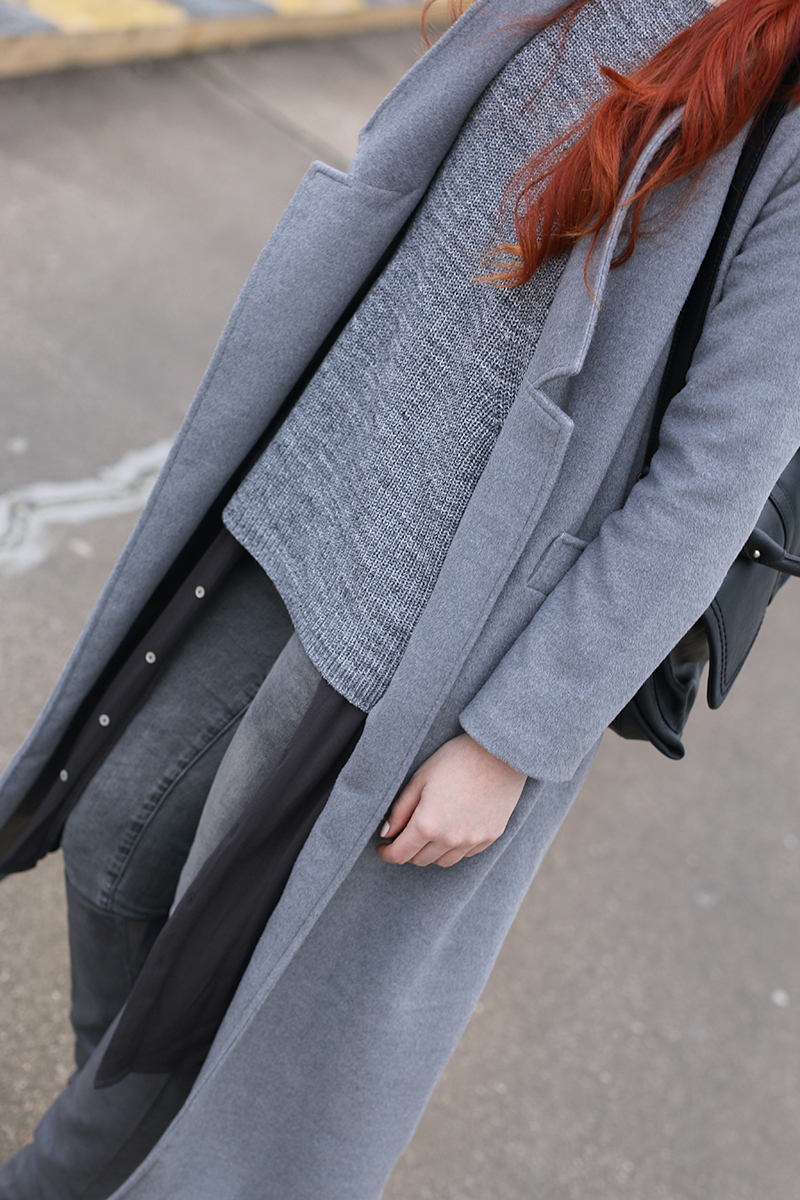 All grey outfit with hat and long grey coat