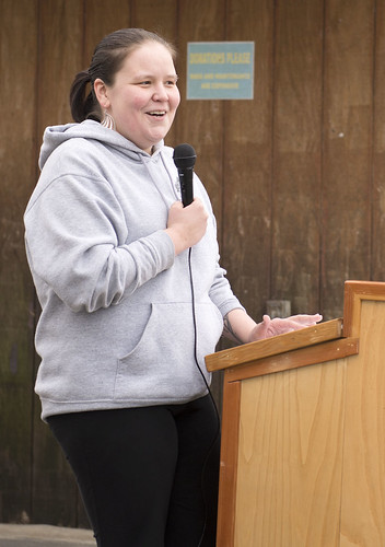 Kami Wright introduces speakers at the Opening of the Net gathering at the tribe's education fishery site on Cook Inlet.