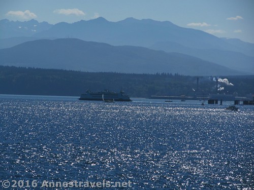 Another ferry below the hazy Olympics, Port Townsend Ferry across the Puget Sound, Washington
