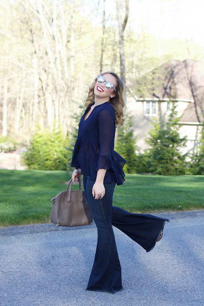 Extreme Flare Jeans | Free People Bell Bottoms | Bell Sleeve Peplum Zara Navy Blouse | Mirrored Sunglasses | Casual Style on Living After Midnite by Jackie Giardina
