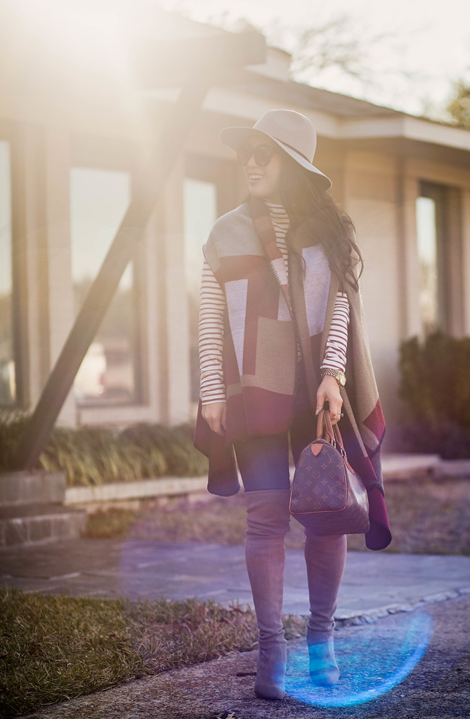 cute & little blog | petite fashion | colorblock cape, striped turtleneck, stuart weitzman highland topo suede otk boots, gray fedora hat, lv speedy 25 | fall winter outfit
