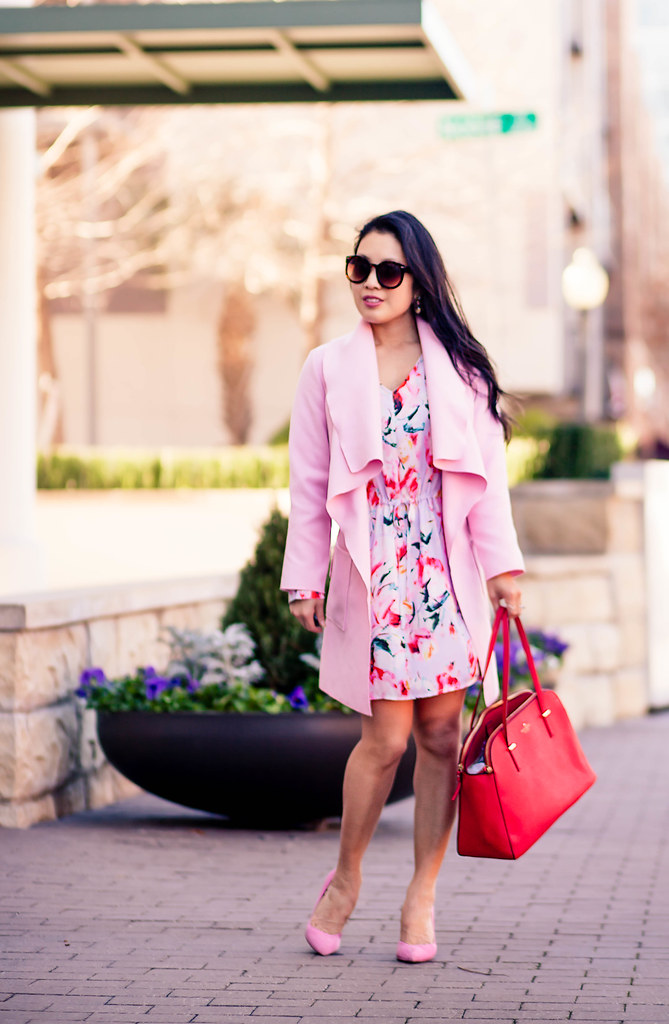 cute & little blog | petite fashion | pink waterfall drape coat, pink floral dress, pink suede pumps, red bag | valentine's day outfit inspiration