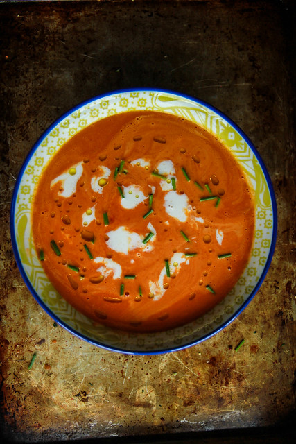 Smoky Roasted Red Pepper, Carrot Harissa Soup- Vegan