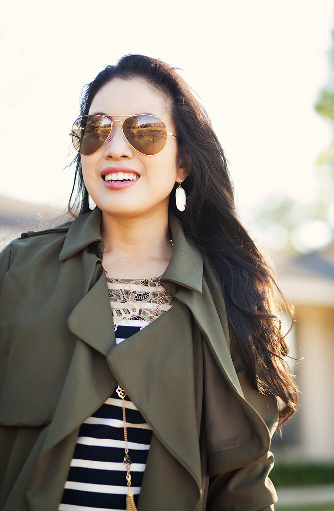cute & little blog | petite fashion | drapey olive duster trench, striped lace top, ymijeans distressed jeans, leopard pumps, oversized ray ban aviators, leopard clutch | spring outfit