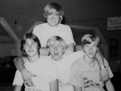 Photo: Dennis Hurd (back), Joel Thomas, Bret Writa, Mark Wirta (left to right) - The Harbor Gameroom, Sunapee NH - Summer 1980