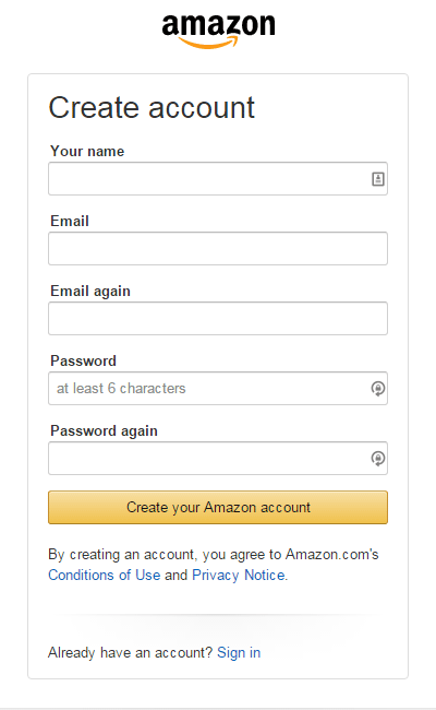 註冊美國 Amazon 帳號所必須填寫的資料，填完即可註冊