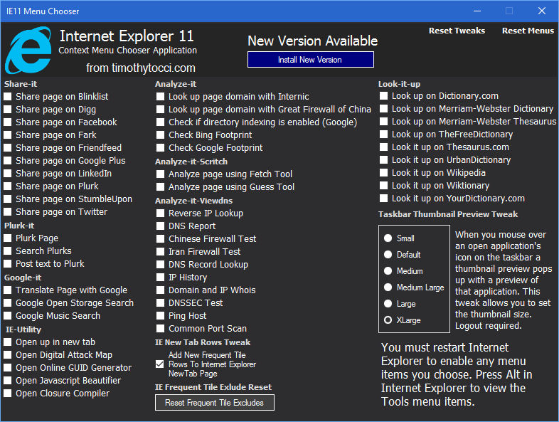 Internet Explorer 11 Context Menu Chooser Application Version Check