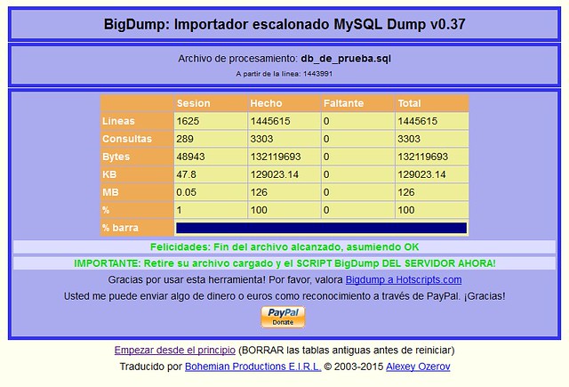 BigDump: Importar bases de datos MySQL mayores de 50 Mb, cuando superan los límites de phpMyAdmin