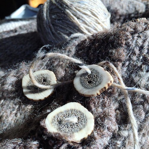 Into each weekend, a little mending will fall. These #buttons are cross-sections of #deer #antlers. They were cut off post-breeding to protect the rest of the herd. More adventures from @clonfaddachef #knit #knitting #knitstagram #makedoandmend