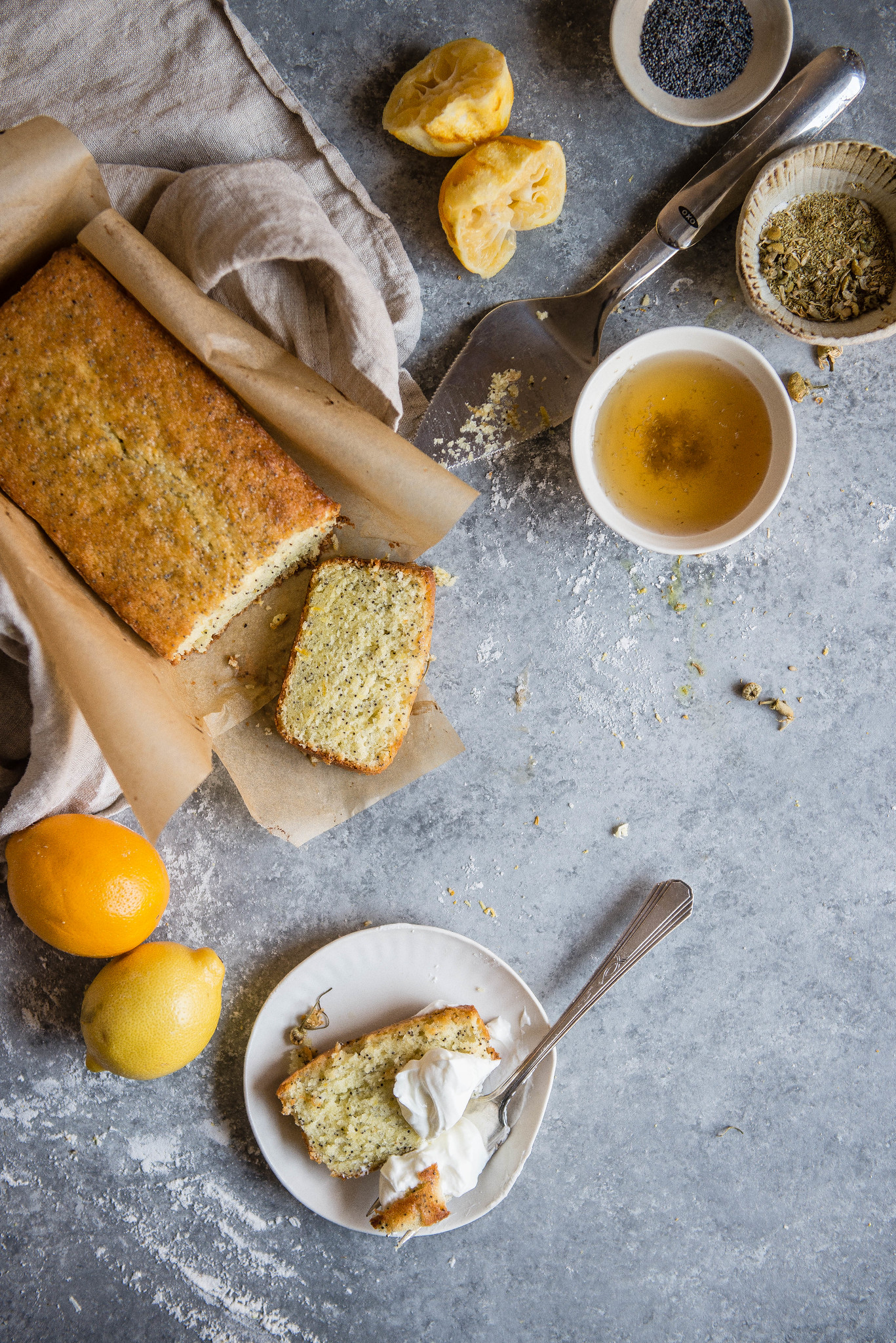 chamomile lemon loaf cake | two red bowls