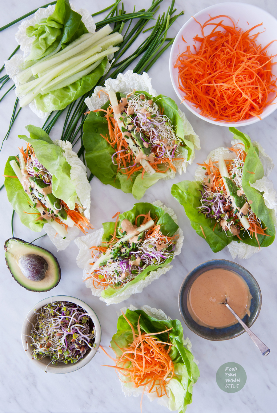 Vegan nappa cabbage spring rolls with carrot "noodles" and simple peanut sauce