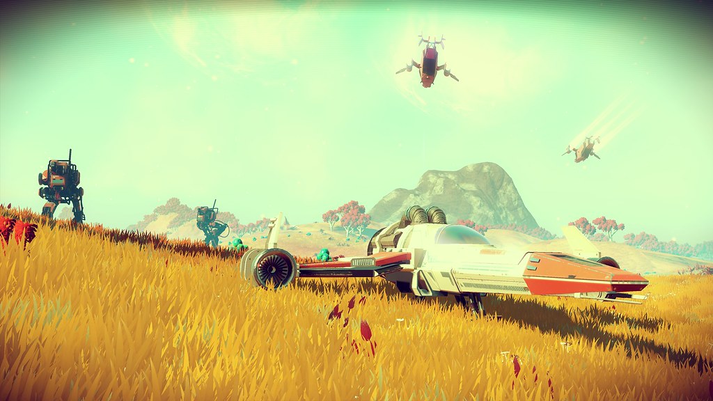 Screenshot from No Man's Sky game depicting another world and aircrafts.