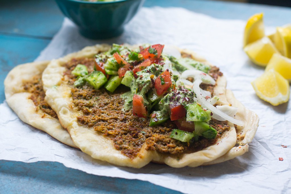 Lahmacun (Turkish Pizza) with Chopped Salad and Herb Tahini Sauce