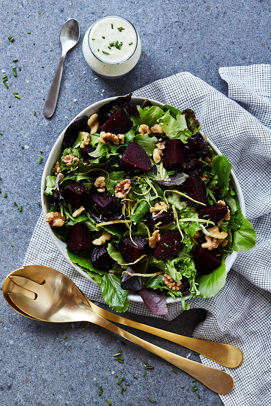 Spring Greens Salad with Roasted Beets and Creamy Feta Vinaigrette