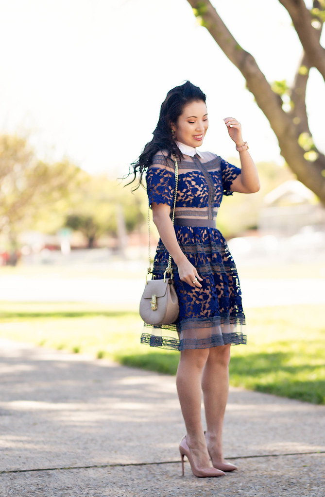 cute & little blog | petite fashion | blue crochet lace self-portrait dress, chloe drew bag, louboutin so kate nude patent pumps | spring outfit