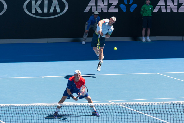 Lleyton Hewitt plays doubles with Sam Groth  at the Australian Open 2016