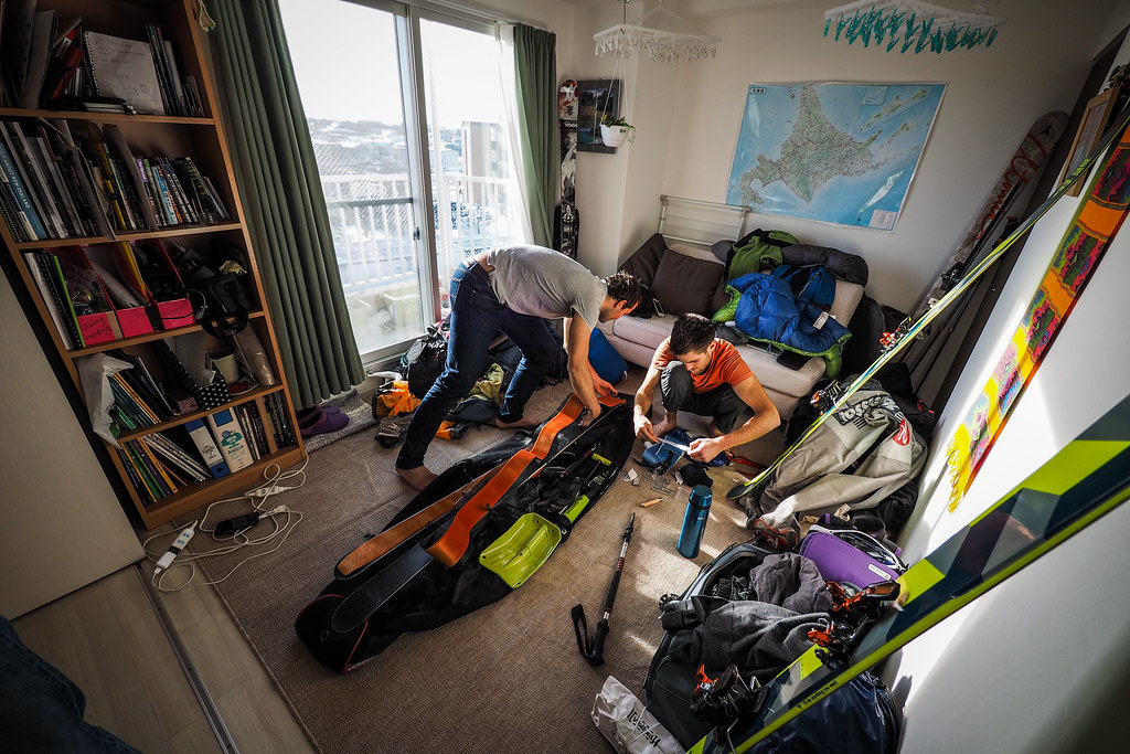 Preparing skis and buying supplies for a Hokkaido backcountry ski trip (Chitose City, Japan)