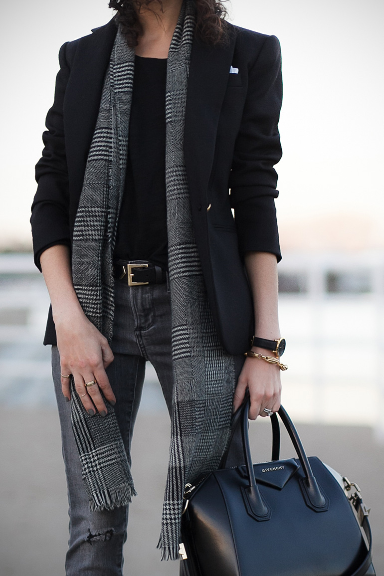 Plaid scarf. How petites can wear oversized scarves.
