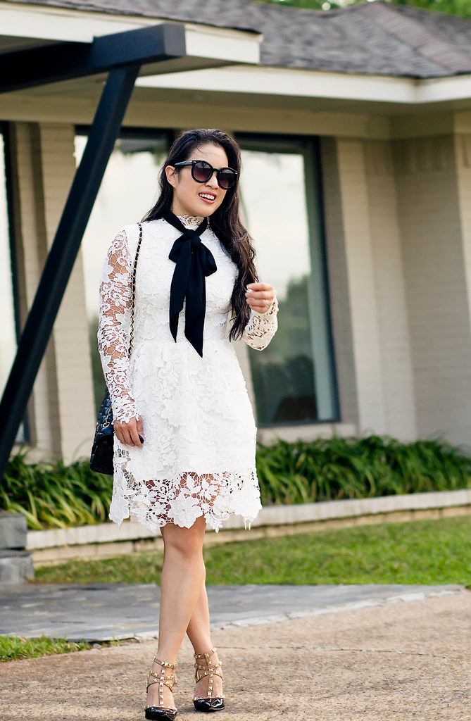 cute & little blog | white crochet lace dress, skinny scarf bow knot, studded sole society tiia pumps, chanel quilted crossbody | spring wedding bridal outfit