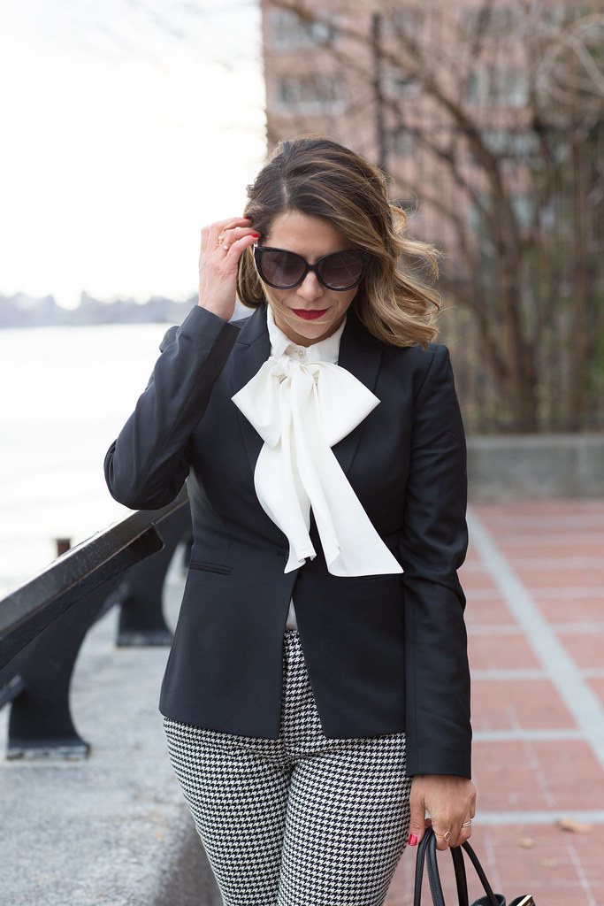 what to wear to work houndstooth trousers pants to work kate spade bow blouse white top to work black blazer citizen's Mark blazers work bags fendi sac 2 jour manolo blannik corporate fashion bloggers work blogger how to war a bow blouse to work black suede heels black cat sunglasses corporate catwalk work look 