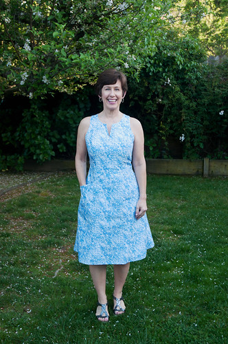 blue white fabric design dress front view
