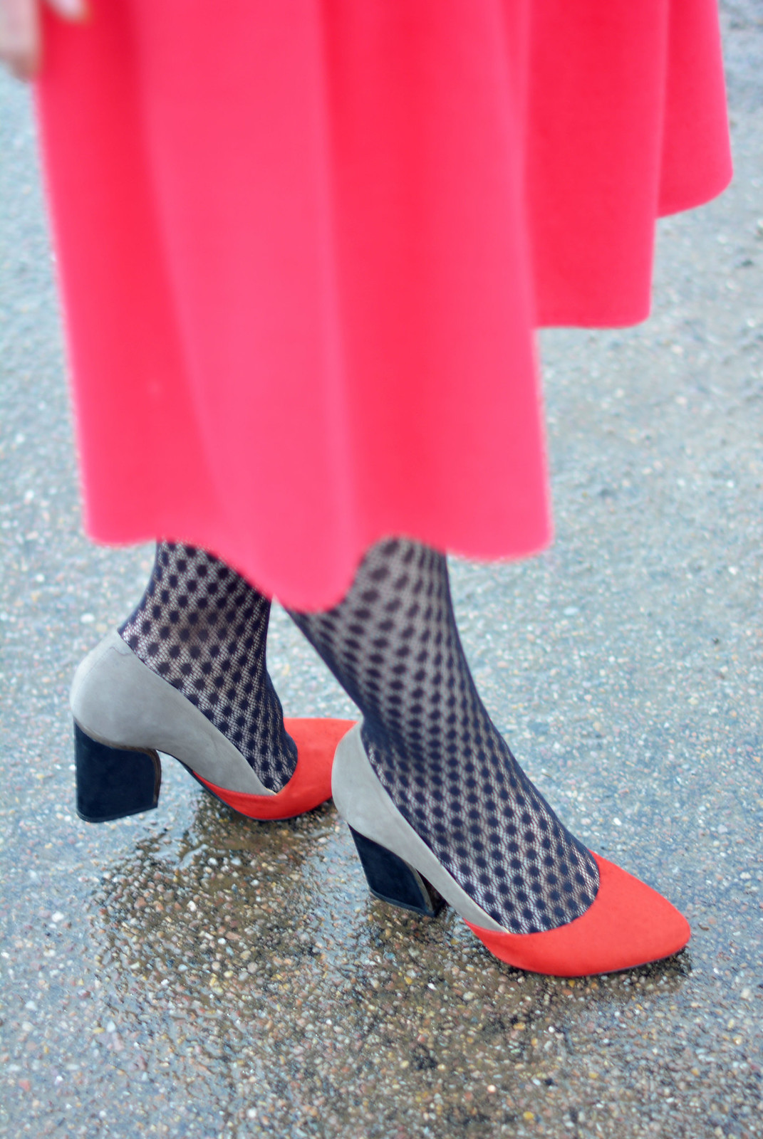 Red fit and flare dress, patterned tights, colour block heels