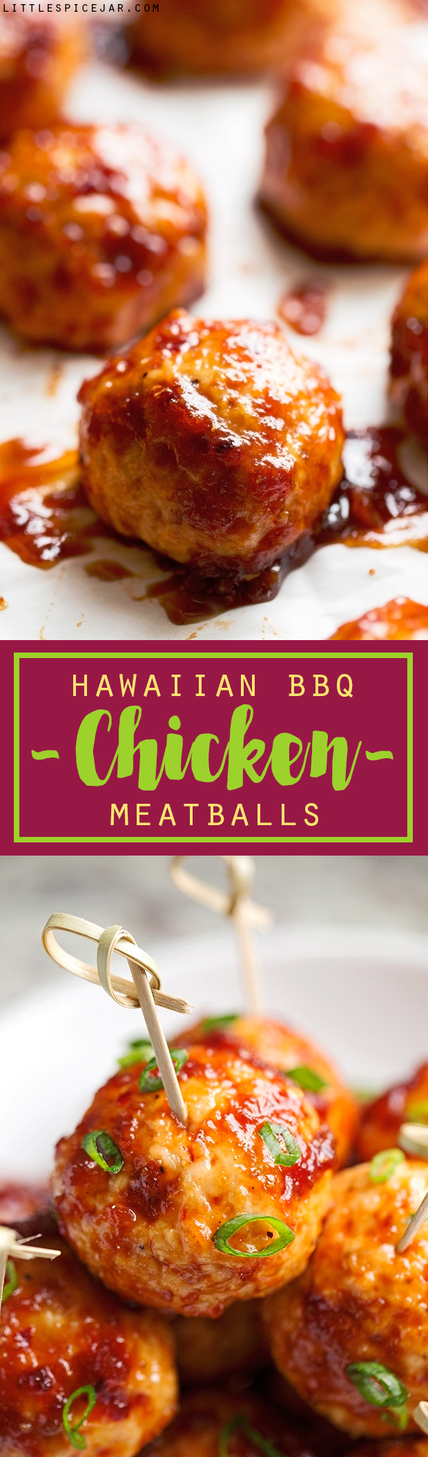Hawaiian BBQ Chicken Meatballs - easy to make chicken meatballs covered in homemade hawaiian bbq sauce! #chickenmeatballs #meatballs #hawaiiianbbqsauce | Littlespicejar.com