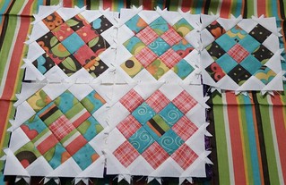 Last night's accomplishments included two more mini granny square blocks for a total of 6,  6 trip around the world strip sets, & 6 pink/brown cowgirl blocks. Working on three projects at once helps me feel like I'm not missing out on any of my current pr