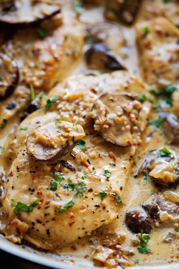 One Skillet Chicken with Garlicky Mushroom Cream Sauce - ready in 30 minutes and perfect over a bed of pasta! #oneskilletchicken #chickendinner #mushroomchicken | Littlespicejar.com