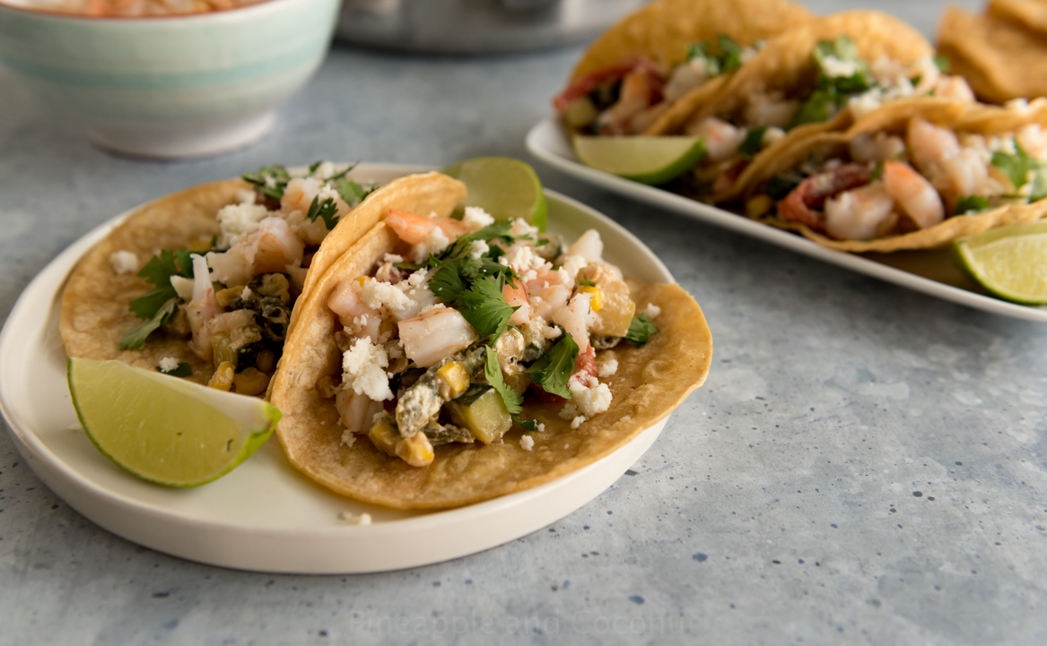Roasted Pepper, Zucchini and Corn Rajas Shrimp Tacos www.pineappleandcoconut.com #WolfGourmet