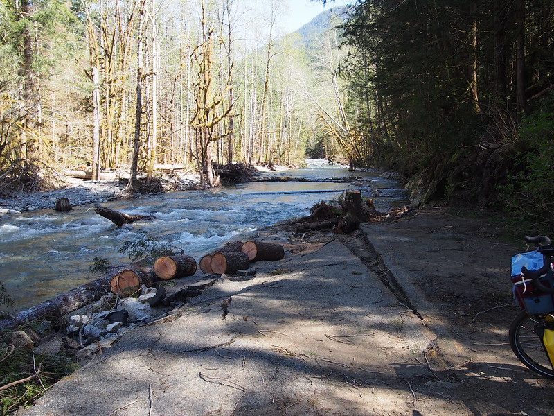 Index–Galena Road: Washout: The river completely destroyed the road here and took over its right of way!